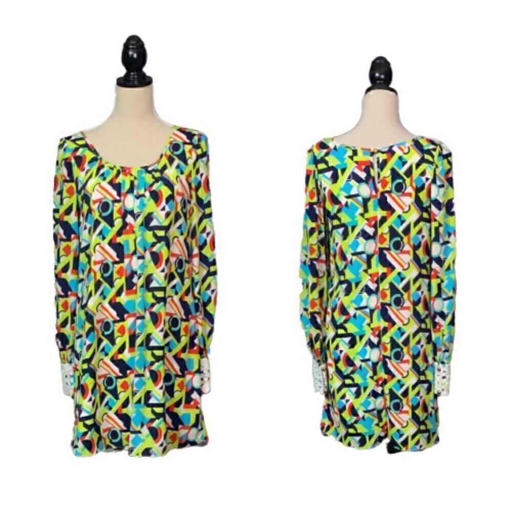 Voom by Joy Han Geo Print Dress Lace Bishop Sleeves Sz XS